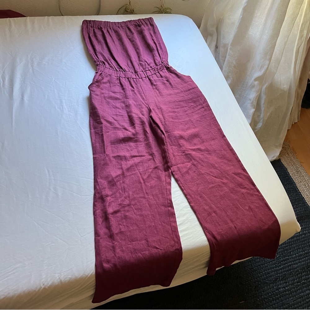 MARIYAAB plum purple linen strapless cropped wide leg jumpsuit